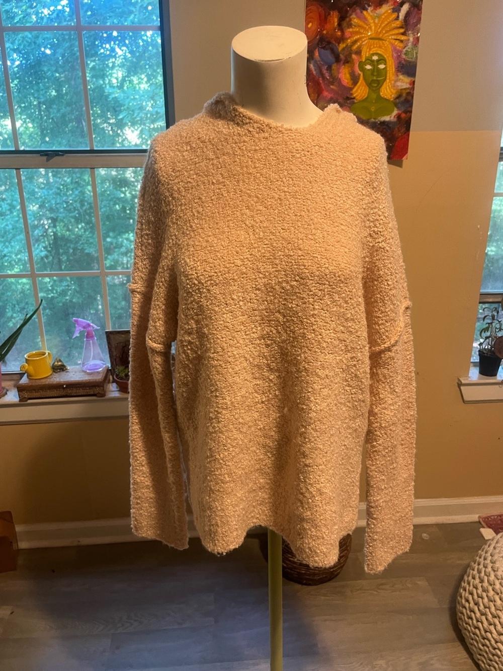 Cozy Women's Crewneck Bouclé Sweater Hoodie - Cream
